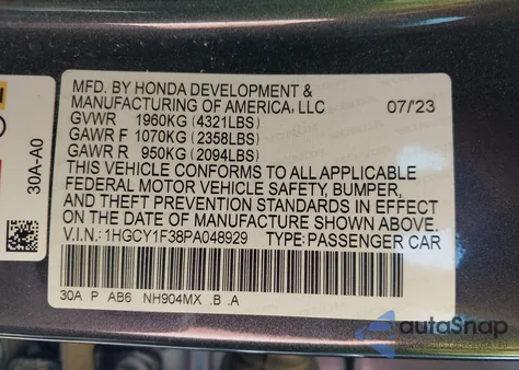 2023 Honda Accord Ex from USA, damaged, VIN 1HGCY1F38PA048929